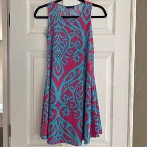Heimish USA sleeveless midi dress with pockets!  Hot pink and teal.